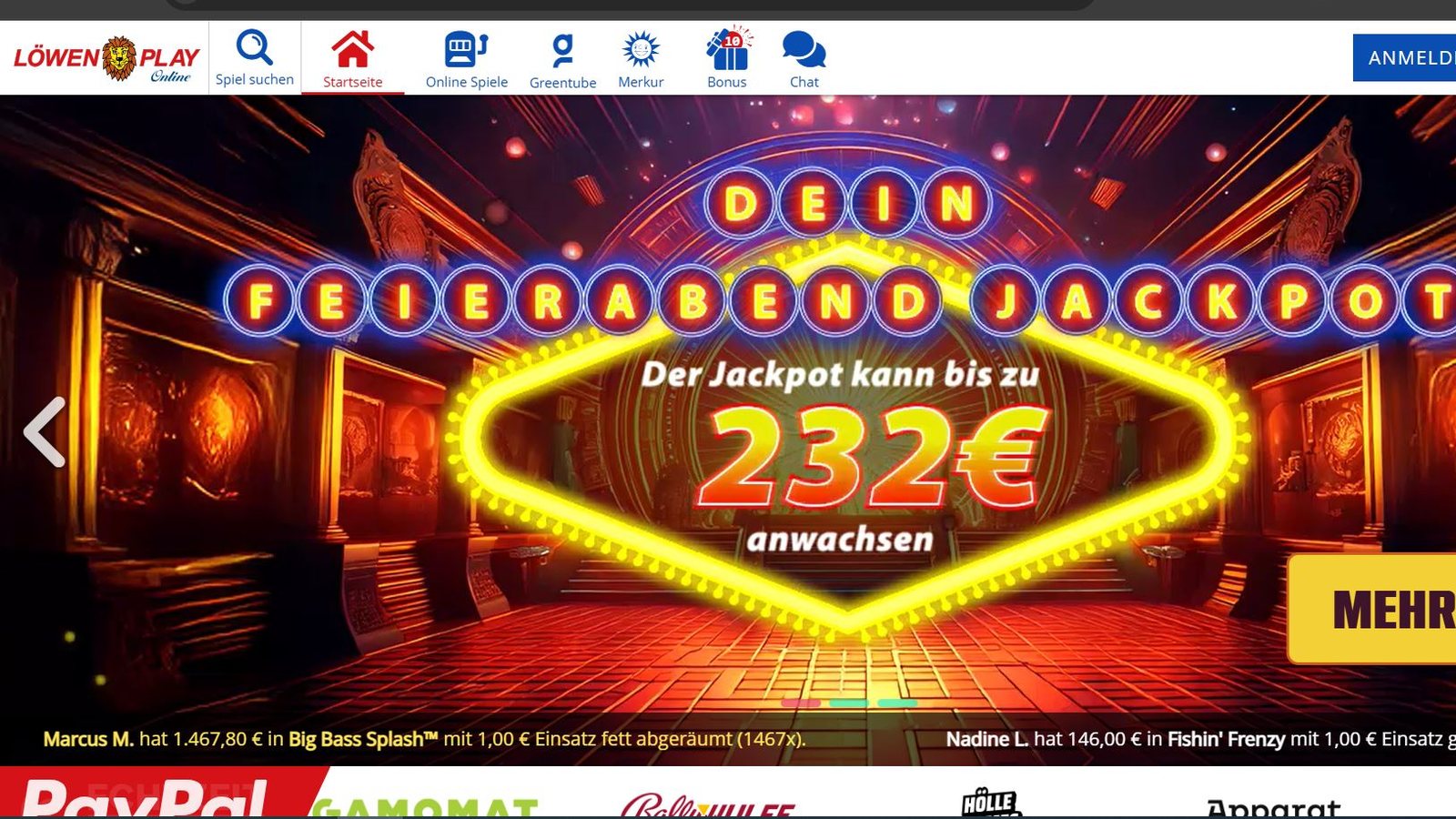 Löwen Play – Casino-Lobby (Screenshot)